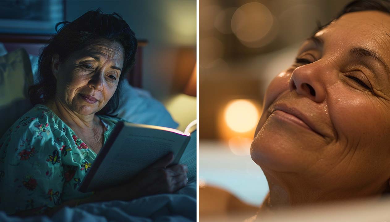 hispanic woman in her 50's reading in bed at night, and relaxing in a tub with candles.
