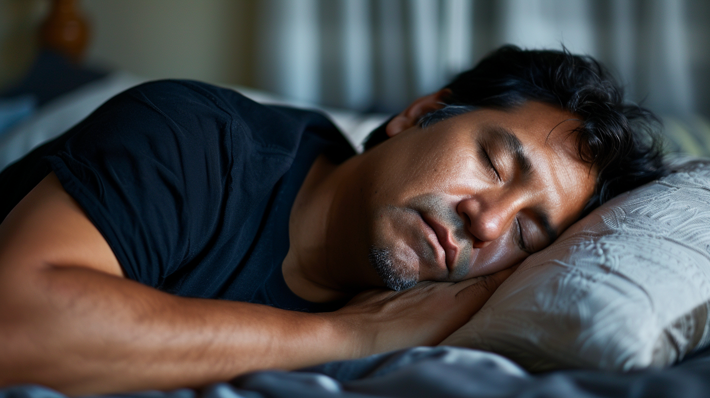 A hispanic man restfully sleeping in bed at night.