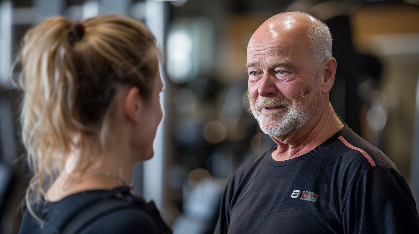 man aged 50 years talking to female fitness trainer at the gym.