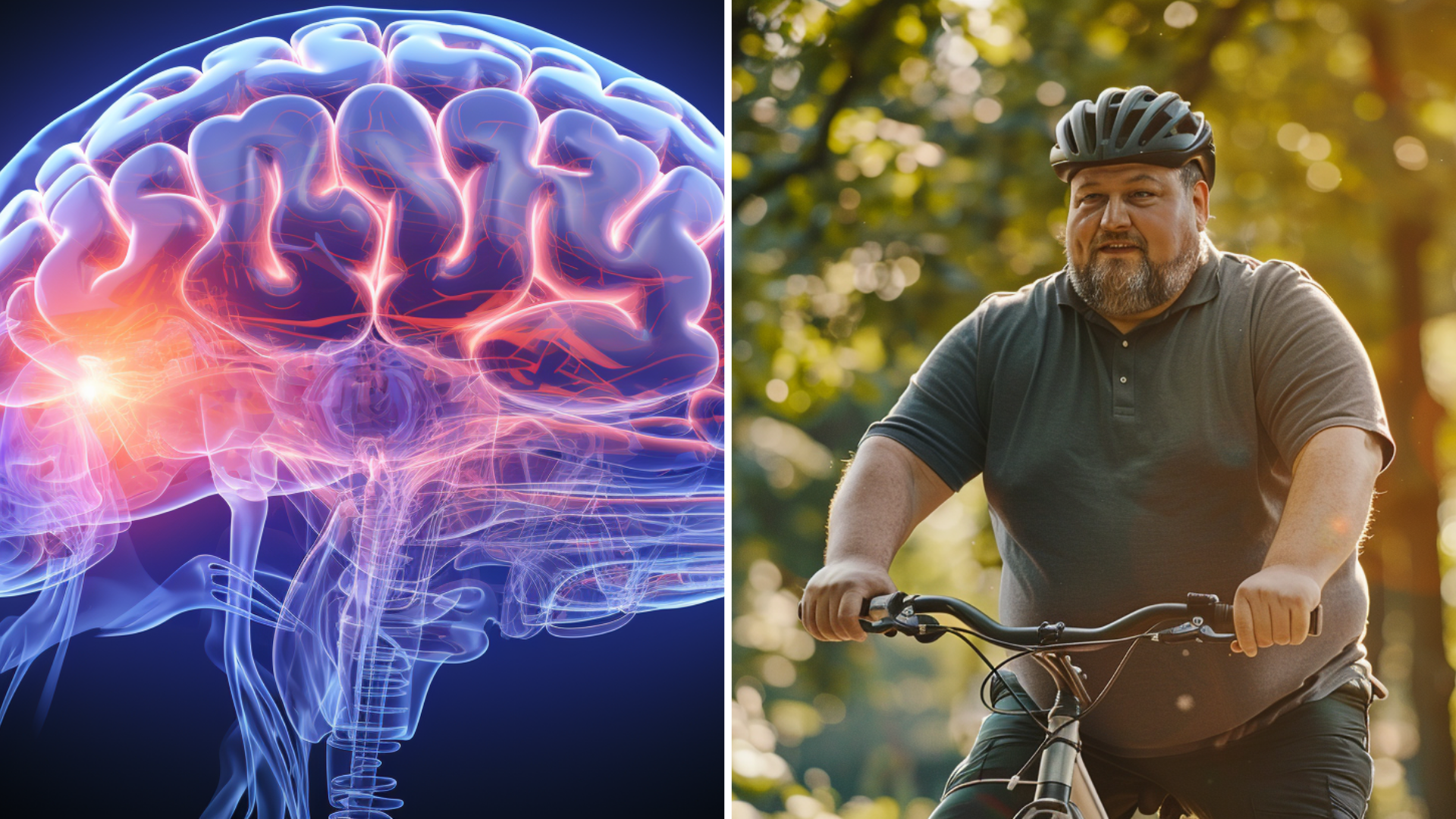 slightly overweight male in his 40's biking in the park during summer. 3D scientific rendering xray of a human brain inside the skull. Hippocampus is glowing.