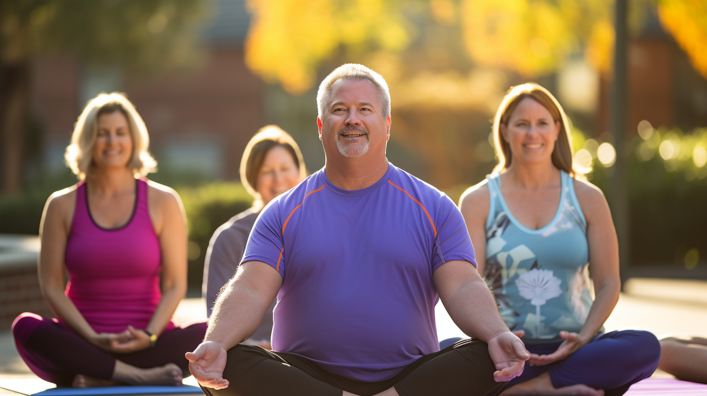 A group of a slighty overweight male and female mid 40s doing outdoor yoga.