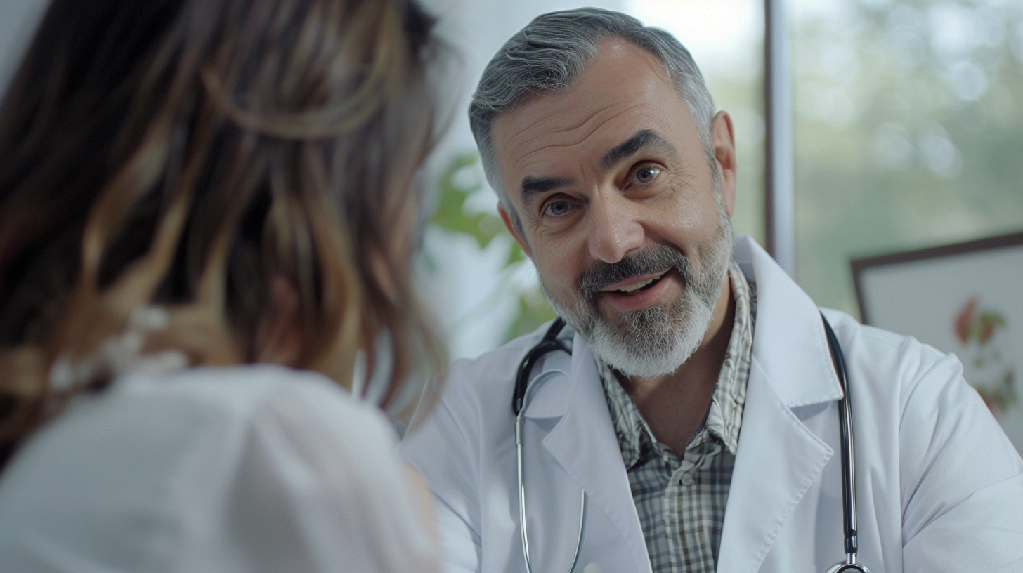 create an image of a doctor wearing white coat having a consultation with a patient