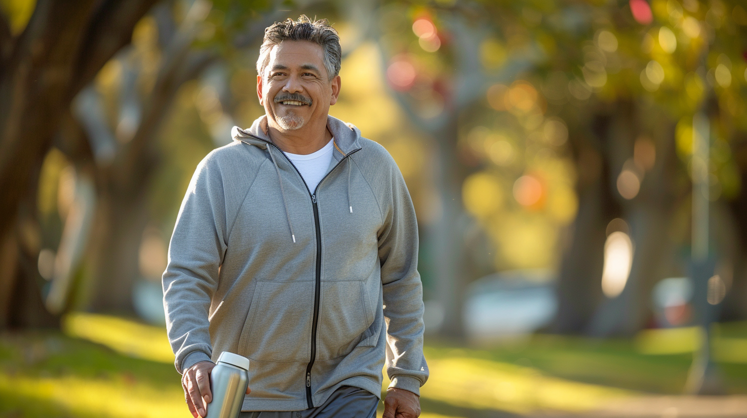 Hispanic man mid 50s is outside walking in the park holding work-out tumbler, wearing gym sweatsuits, gym shorts and running shoes.