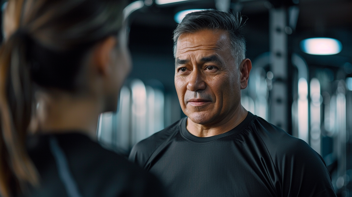 create an image of a hispanic man aged 40-50 years old talking to female gym coach