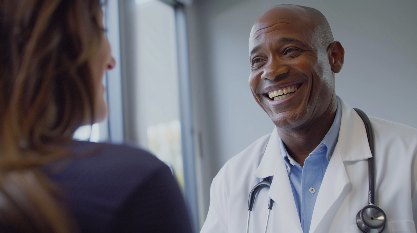 A smiling medical doctor and his patient engaged in conversation during a consultation inside a clinic.