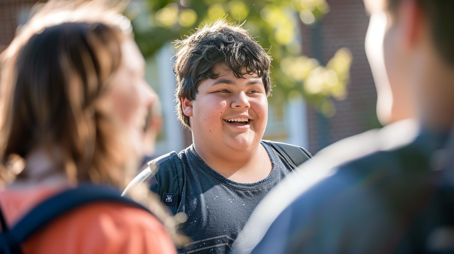 a slightly overweight teenage boy talking with his friends outside the school.