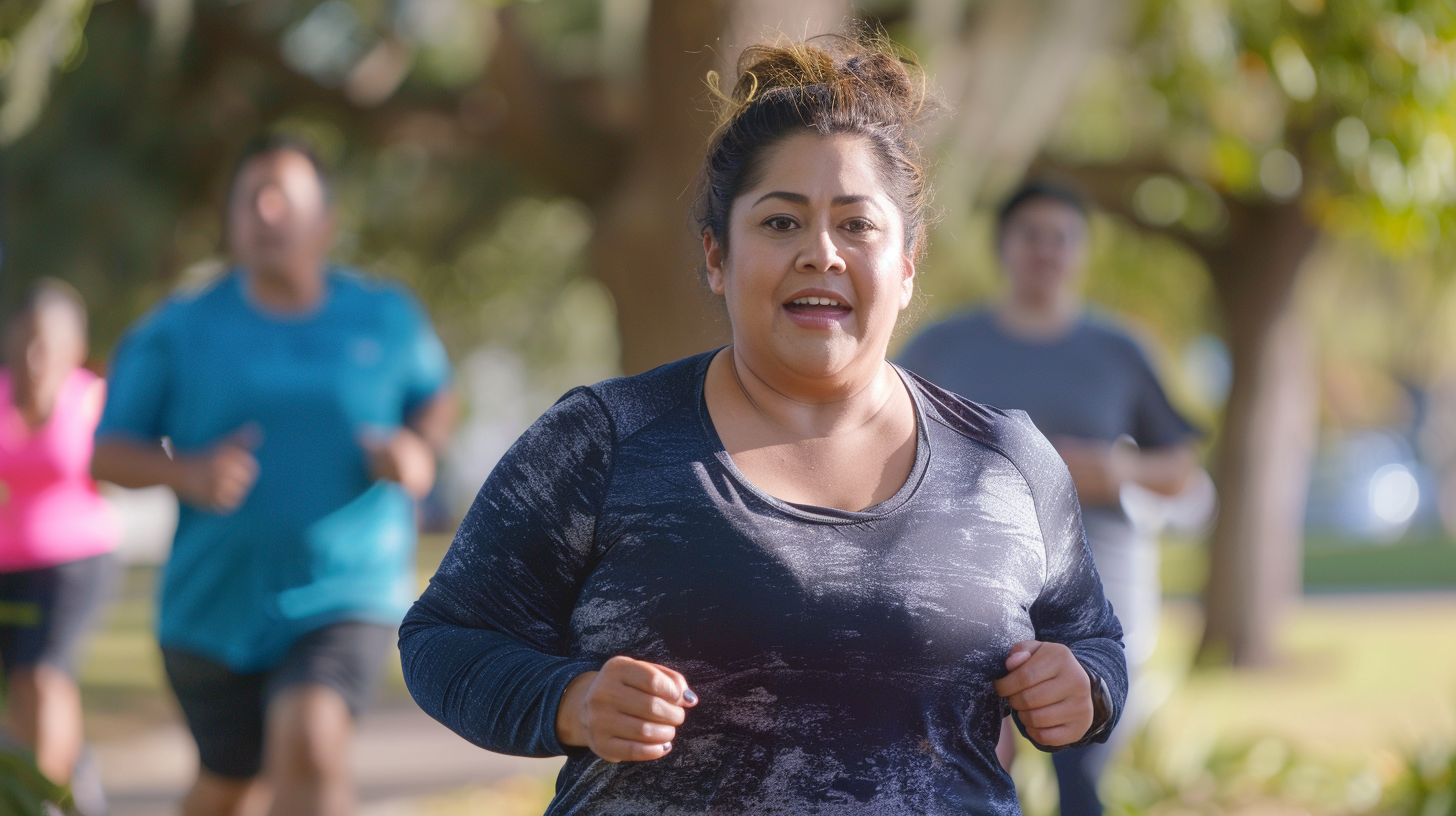 A slightly overweight Hispanic woman due to pregnancy is running outside in the park.