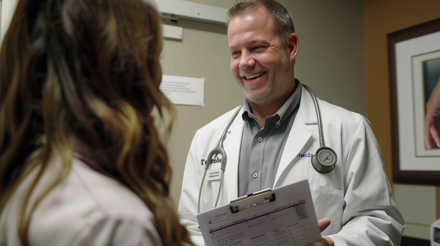 A smiling medical doctor holding a medical chart is talking to a patient about weight loss inside a clinic.
