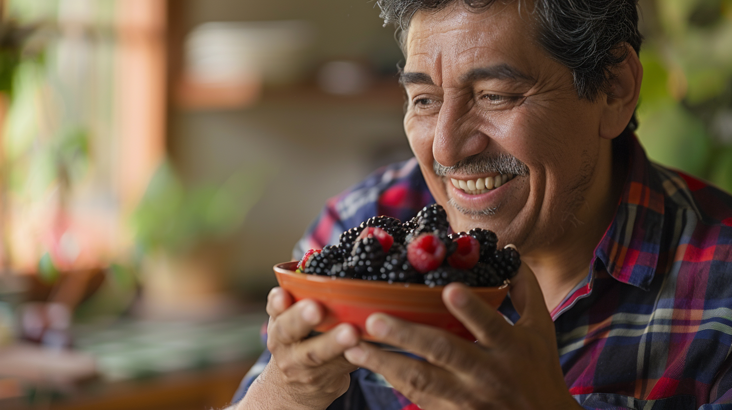 A Hispanic man aged 40 years old is happily eating his berry fruits inside her home.