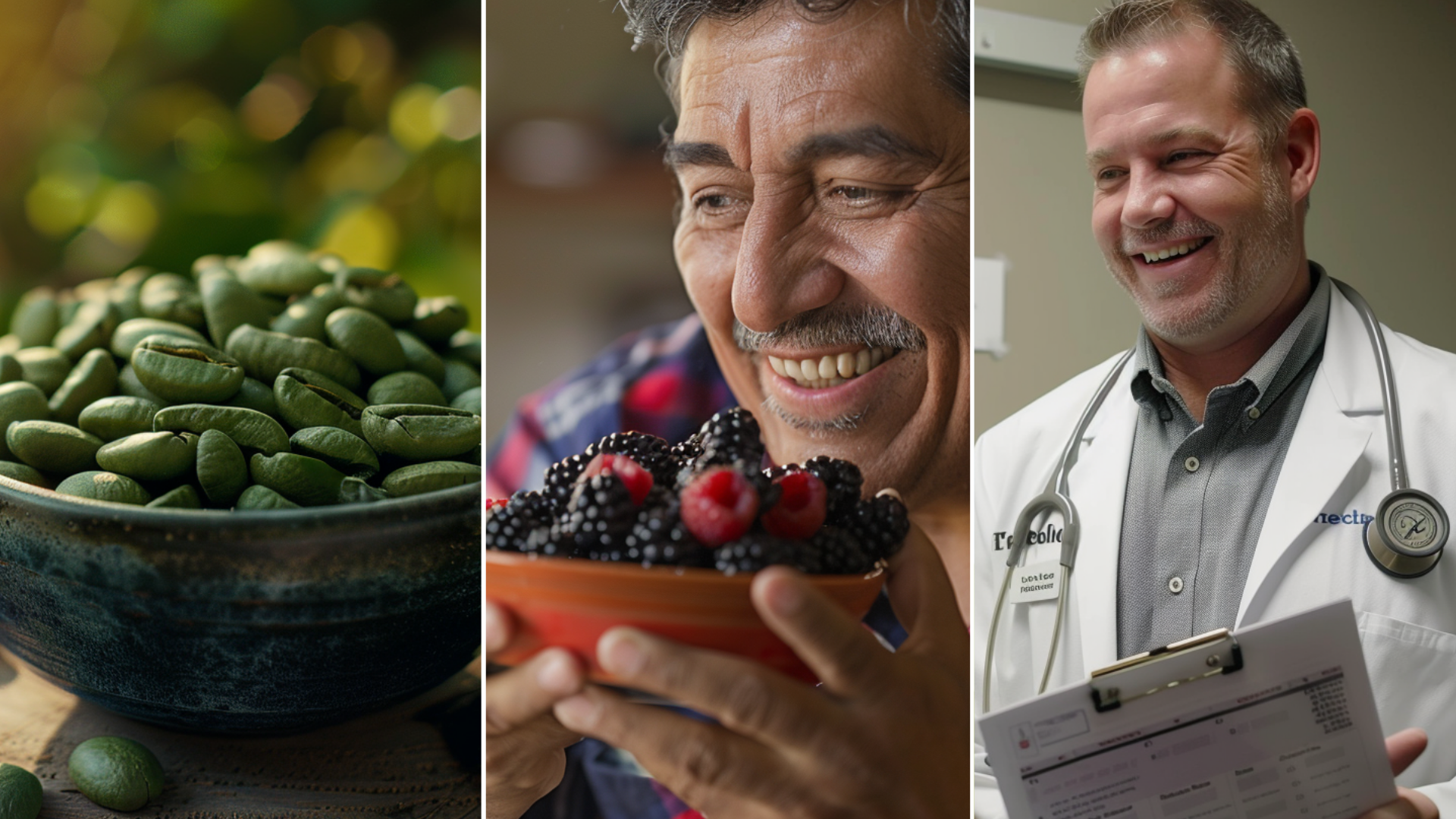 A Hispanic man aged 40 years old is happily eating his berry fruits inside her home. An image of Green Coffee Bean Extract A smiling medical doctor holding a medical chart is talking to a patient about weight loss inside a clinic.