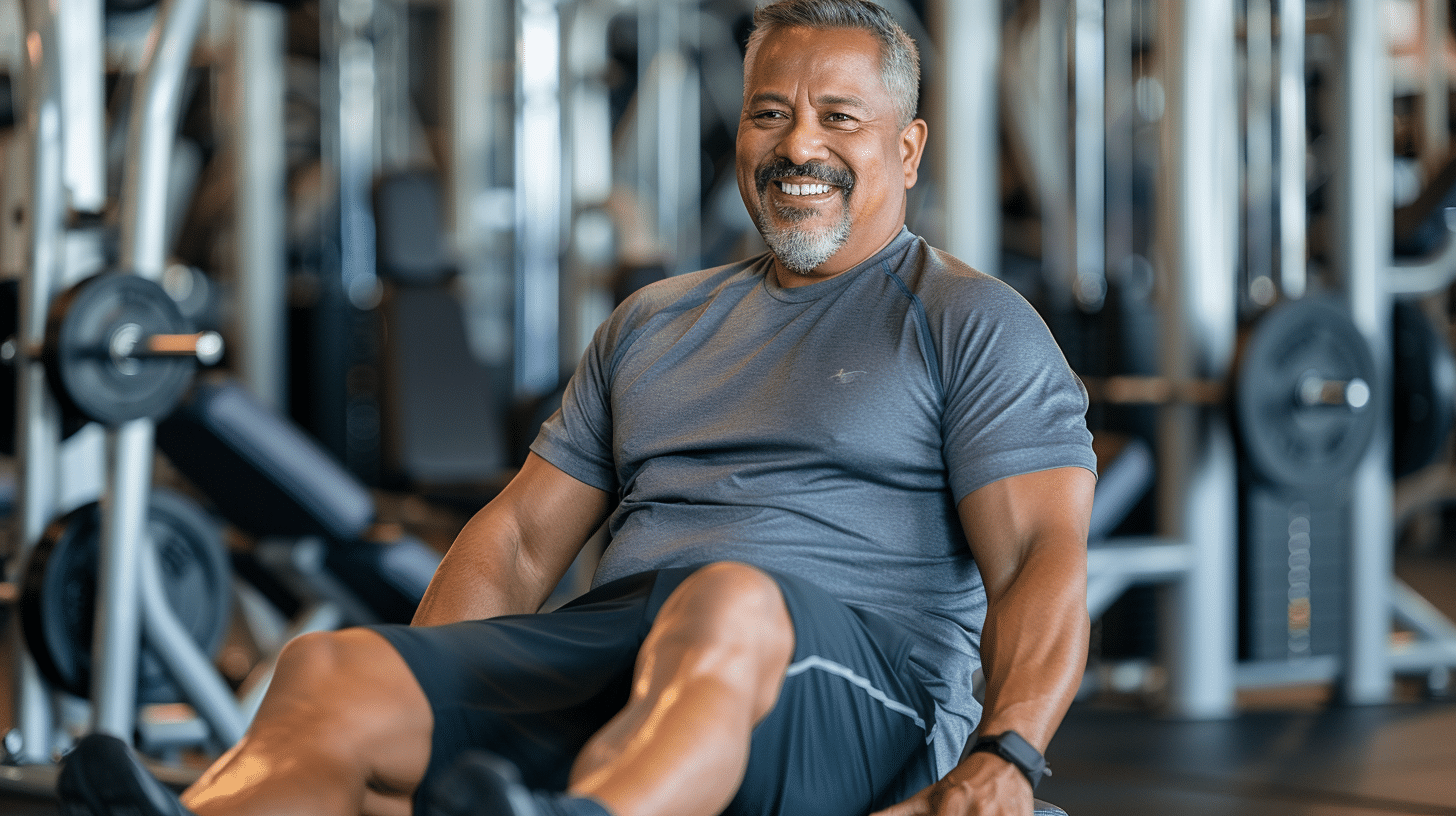 A smiling Hispanic male in his 50s performing leg exercises inside the gym.
