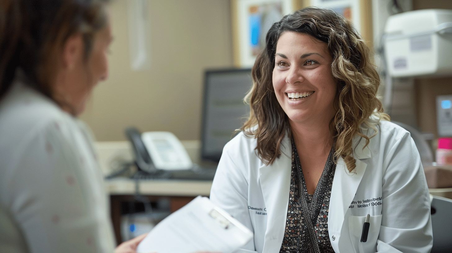 An image of a smiling female medical staff engaged in a conversation with a patient.