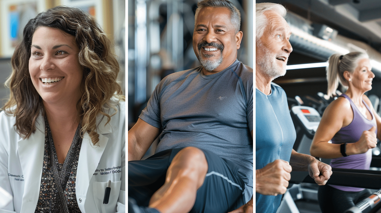 An image of a smiling female medical staff engaged in a conversation with a patient, a smiling Hispanic male in his 50s performing leg exercises inside the gym, and an image of a happy and healthy couple in their 60s engaged in running exercises on the treadmill inside a gym.