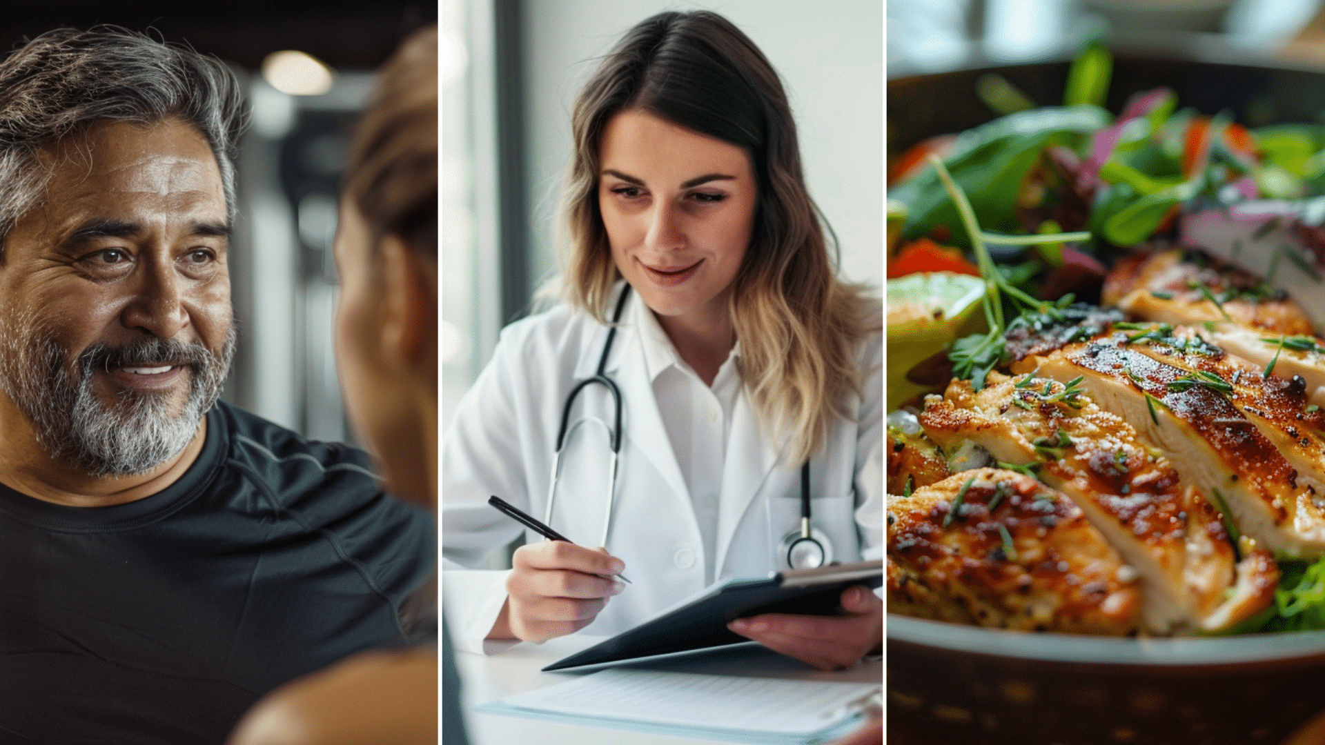 create an image of a food plate with keto diet signifying a healthy relationship with food Premium stock image, create an image of a doctor wearing a white coat and holding a clipboard, seated at the table inside the clinic while talking to the patient Hispanic man inside the gym talking with a fitness trainer.