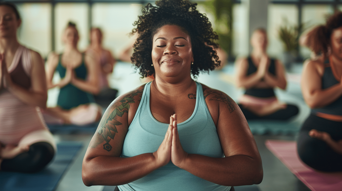 group of slightly overweight woman doing yoga inside the gym