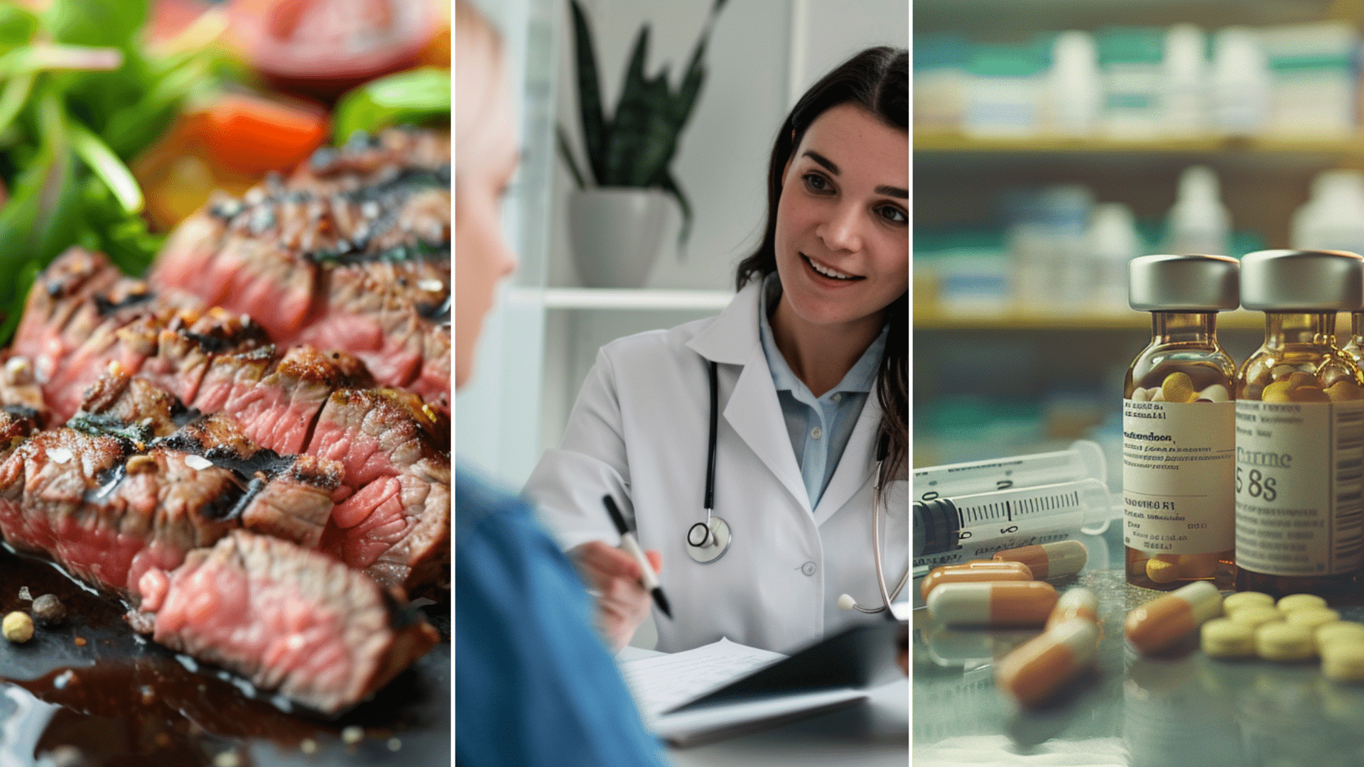 create an image of a doctor wearing a white coat and holding a clipboard, seated at the table inside the clinic while talking to the patient Prescription drugs and syringes on a table inside a pharmacy. create an image of a close-up image of a plate with low-carb diet