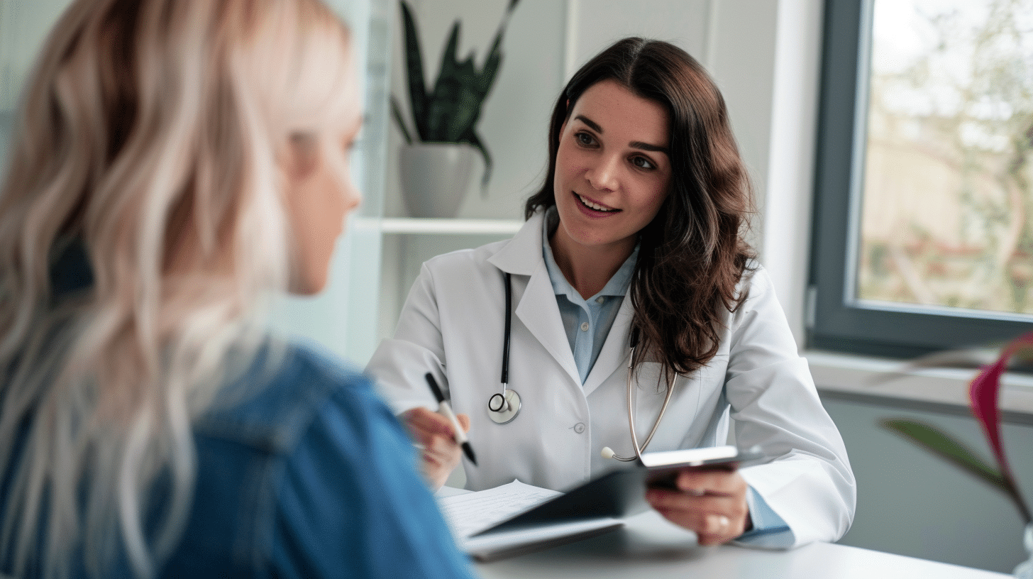 create an image of a doctor wearing a white coat and holding a clipboard, seated at the table inside the clinic while talking to the patient