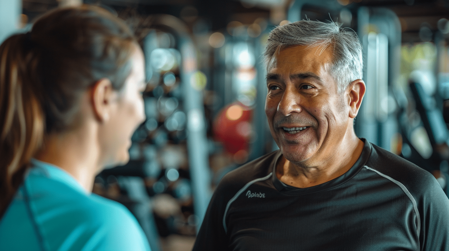 a hispanic man aged 50 years old inside the gym talking to a woman fitness instructor