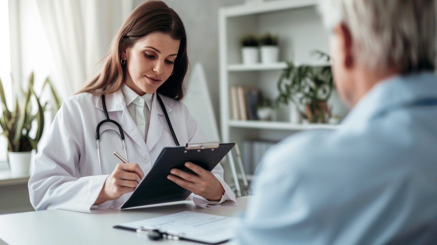 create an image of a doctor wearing a white coat and holding a clipboard, seated at the table inside the clinic while talking to the patient