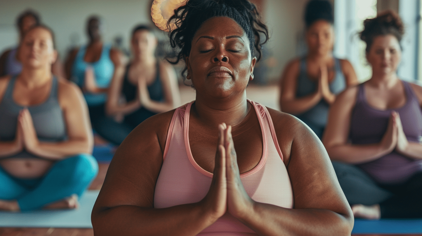 a group of slightly overweight women inside the gym doing yoga