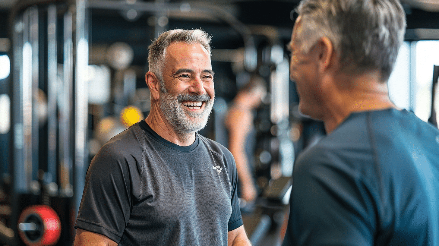 A smiling male fitness coach engaged in conversation with a male in his 50s inside the gym.