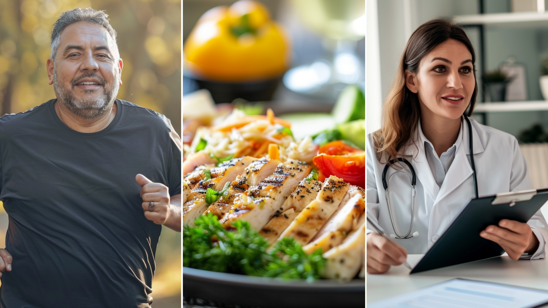 create an image of a doctor wearing a white coat and holding a clipboard, seated at the table inside the clinic while talking to the patient a hispanic man slightly overweight mid 30-40years running position, outdoor park. create an image of healthy keto plate on a dinner table