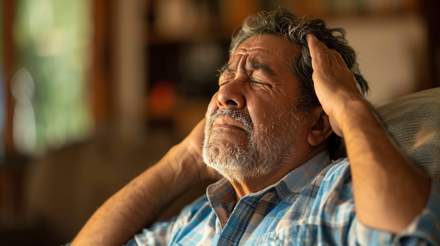 a hispanic man feeling dizzy inside his home