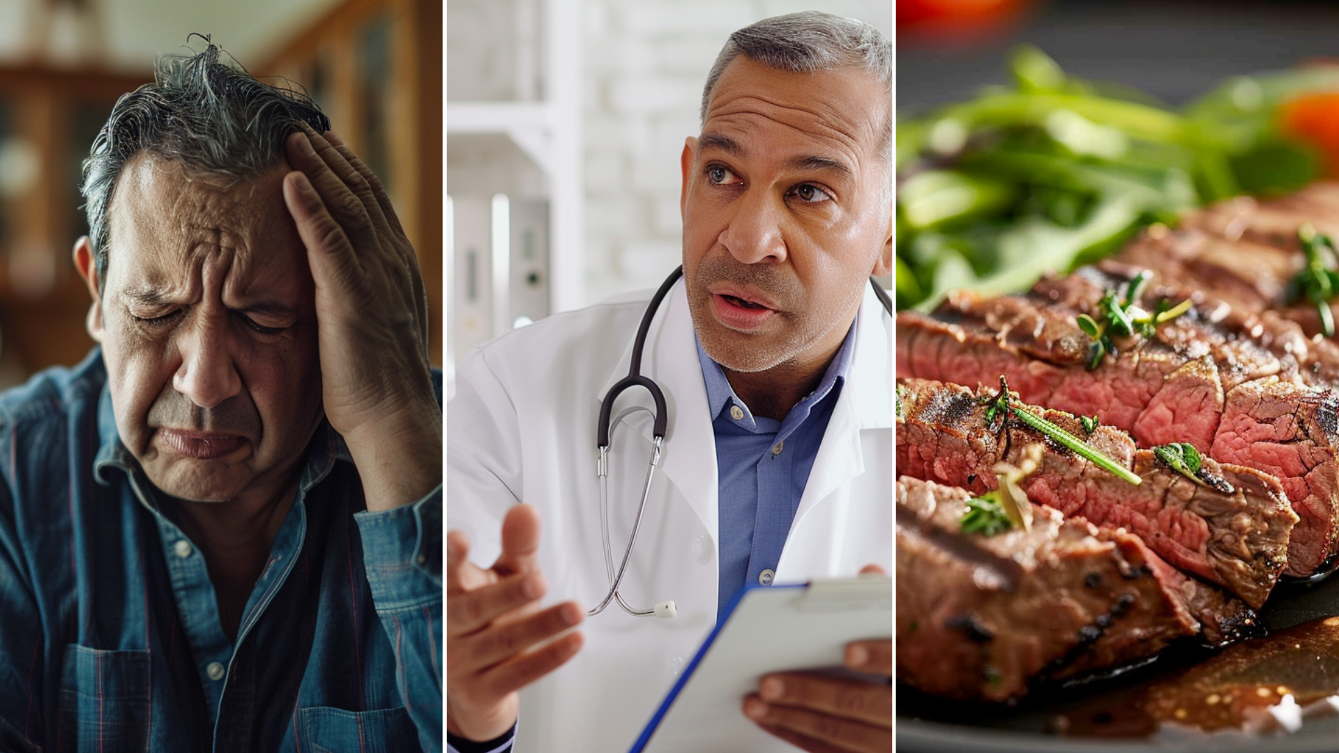 create an image of a hispanic man aged 40-50 years old suffering a dizziness inside his home create an image of a plate with lowcarb diet create an image of a doctor wearing a white coat and holding a clipboard, seated at the table inside the clinic while talking to the patient