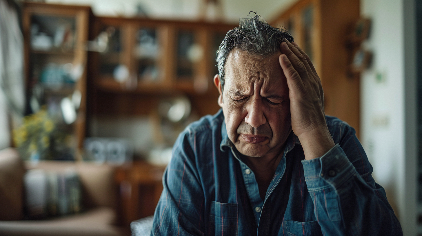 create an image of a hispanic man aged 40-50 years old suffering a dizziness inside his home