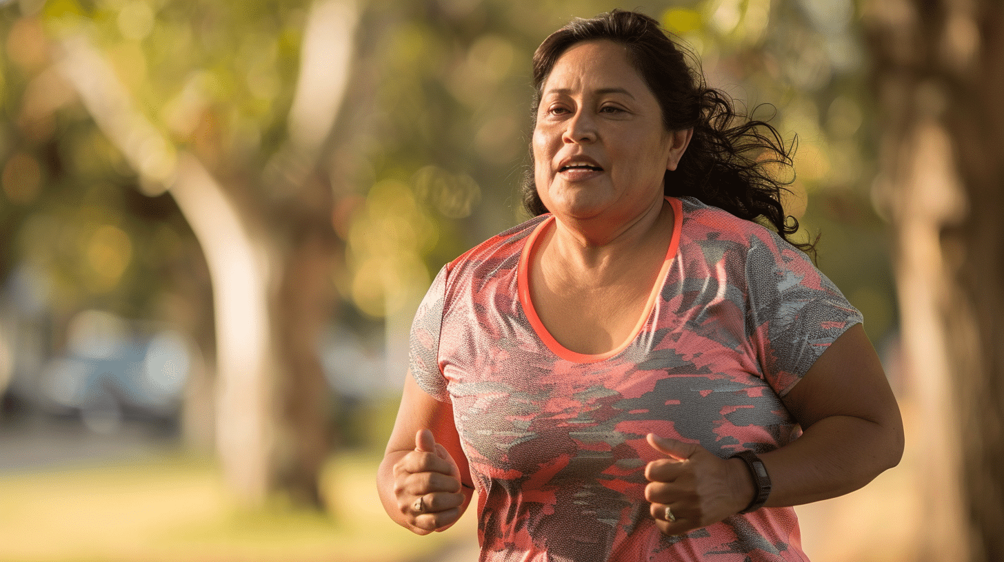 a hispanic woman slightly overweight mid 30-40years running position, outdoor park.