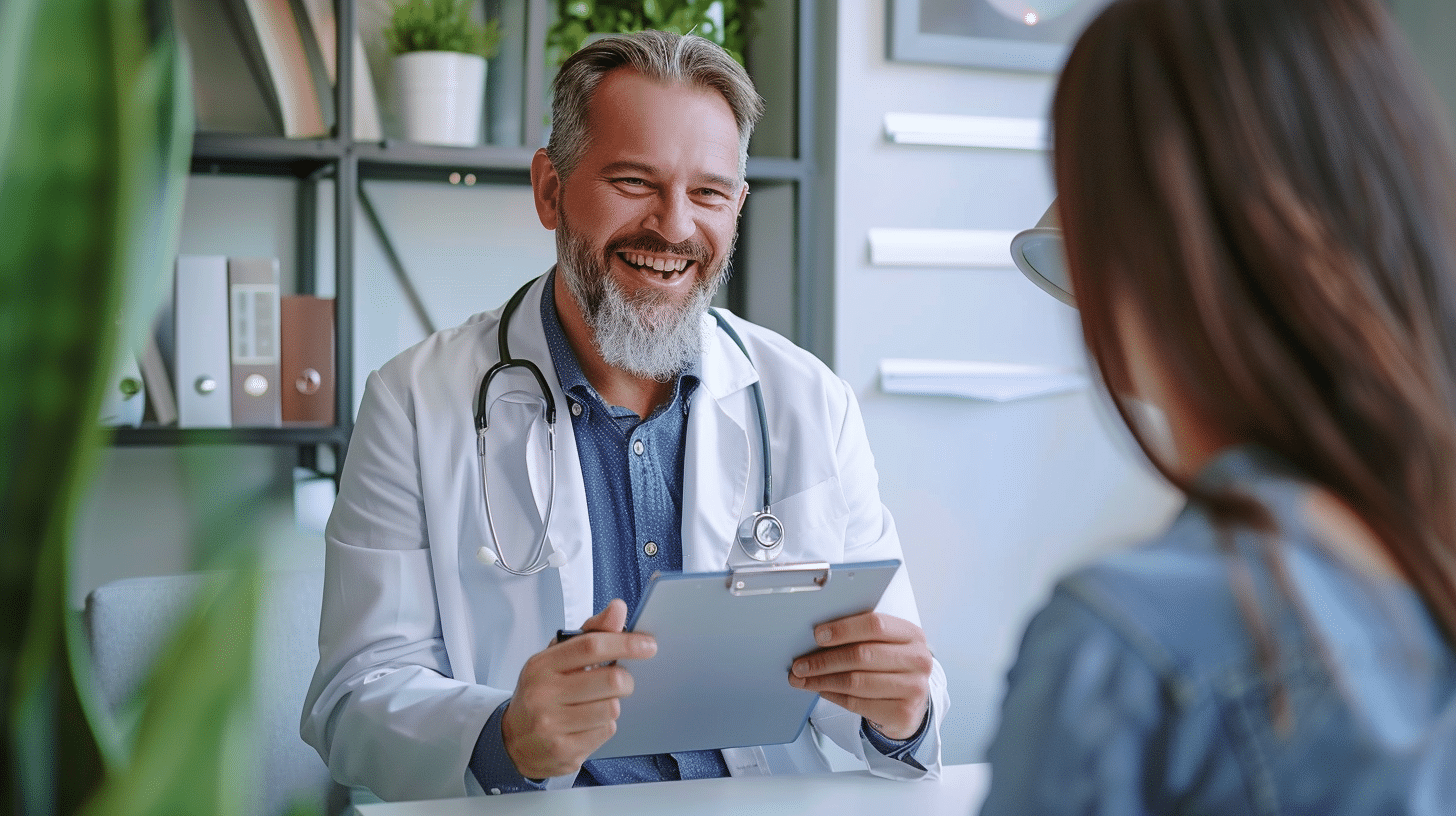 create an image of a doctor wearing a white coat and holding a clipboard, seated at the table inside the clinic while happily talking to the patient about weight loss