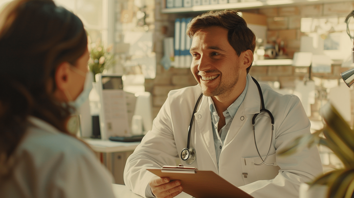 a doctor happily talking to a patient