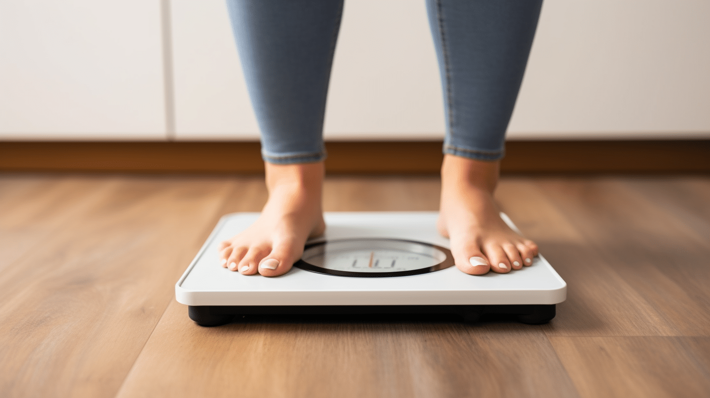 a woman standing in weighing scale