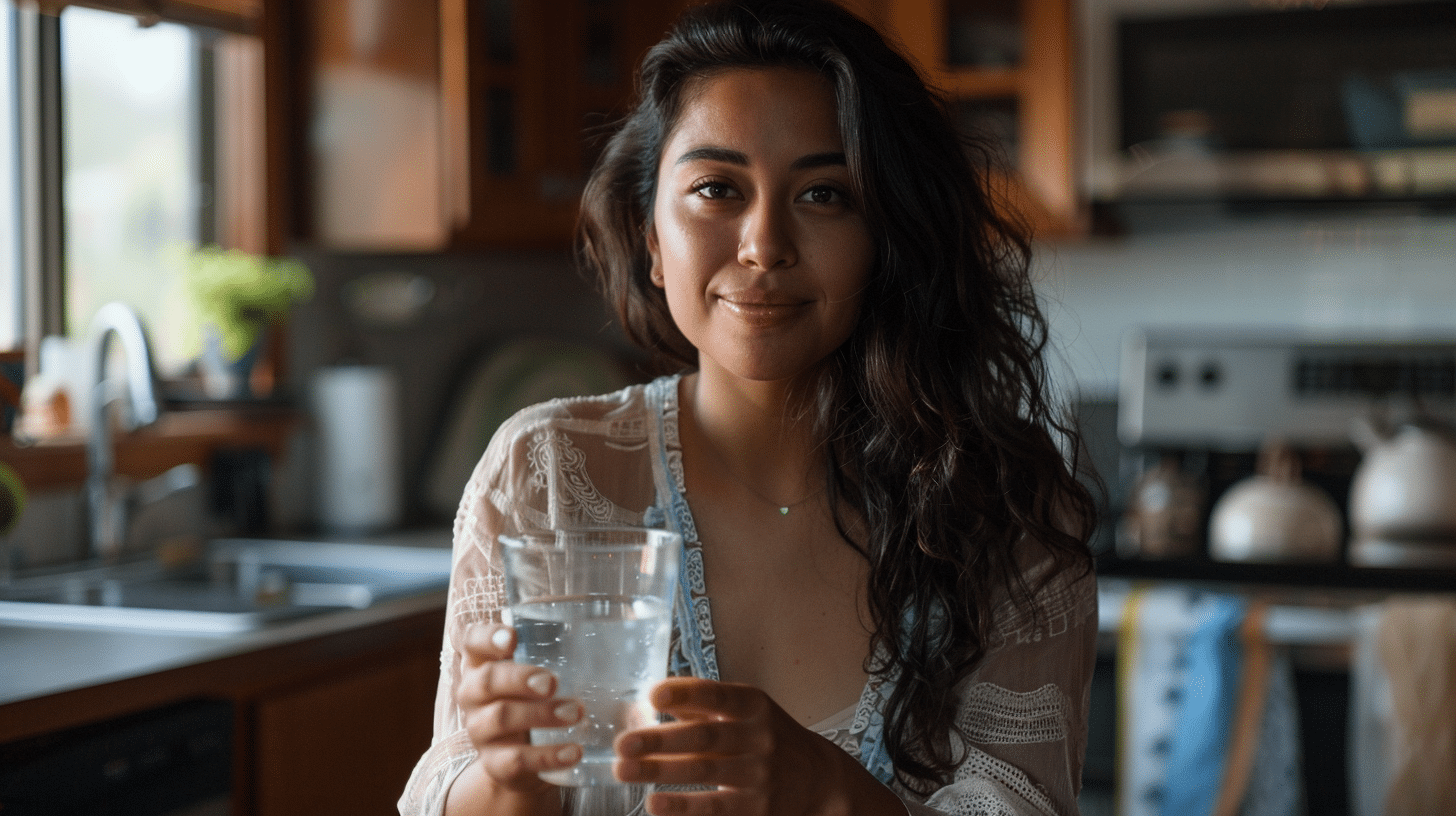 a woman holding a glass of water