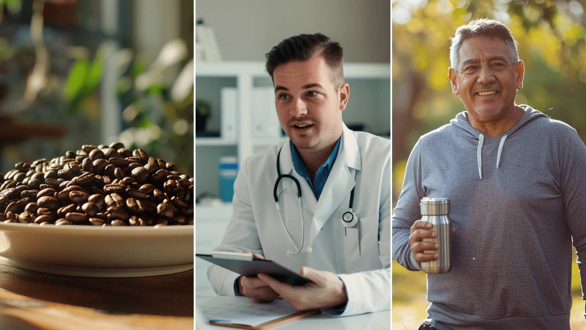 an image of gut microbiome, a glucoman, and a doctor an image of cheese and a man playing tennis an image of coffee beans
