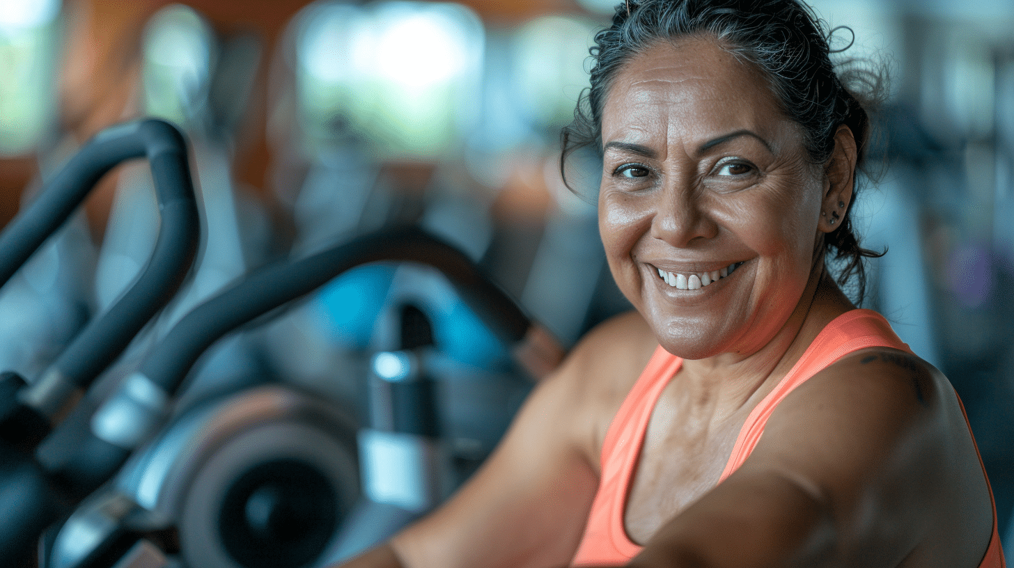 a hispanic woman aged 40-50 yrs old inside the gym