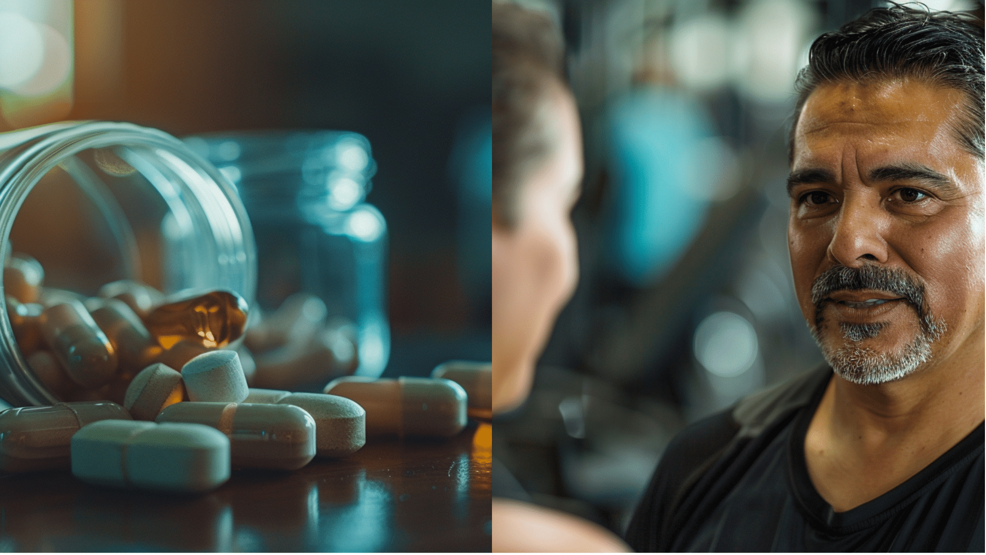 an image of capsule and pills and a man in the gym
