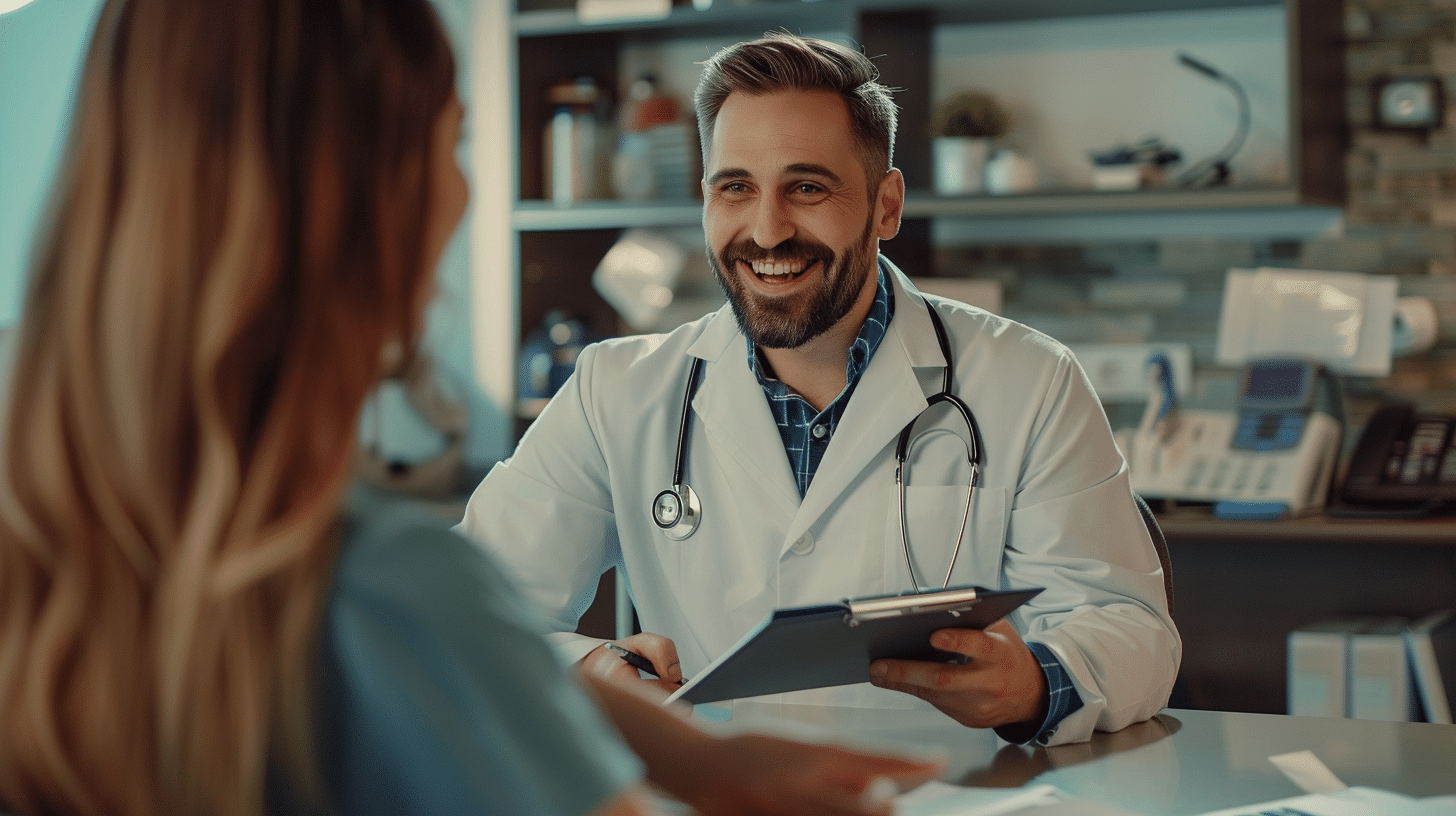 a doctor happily talking with a patient