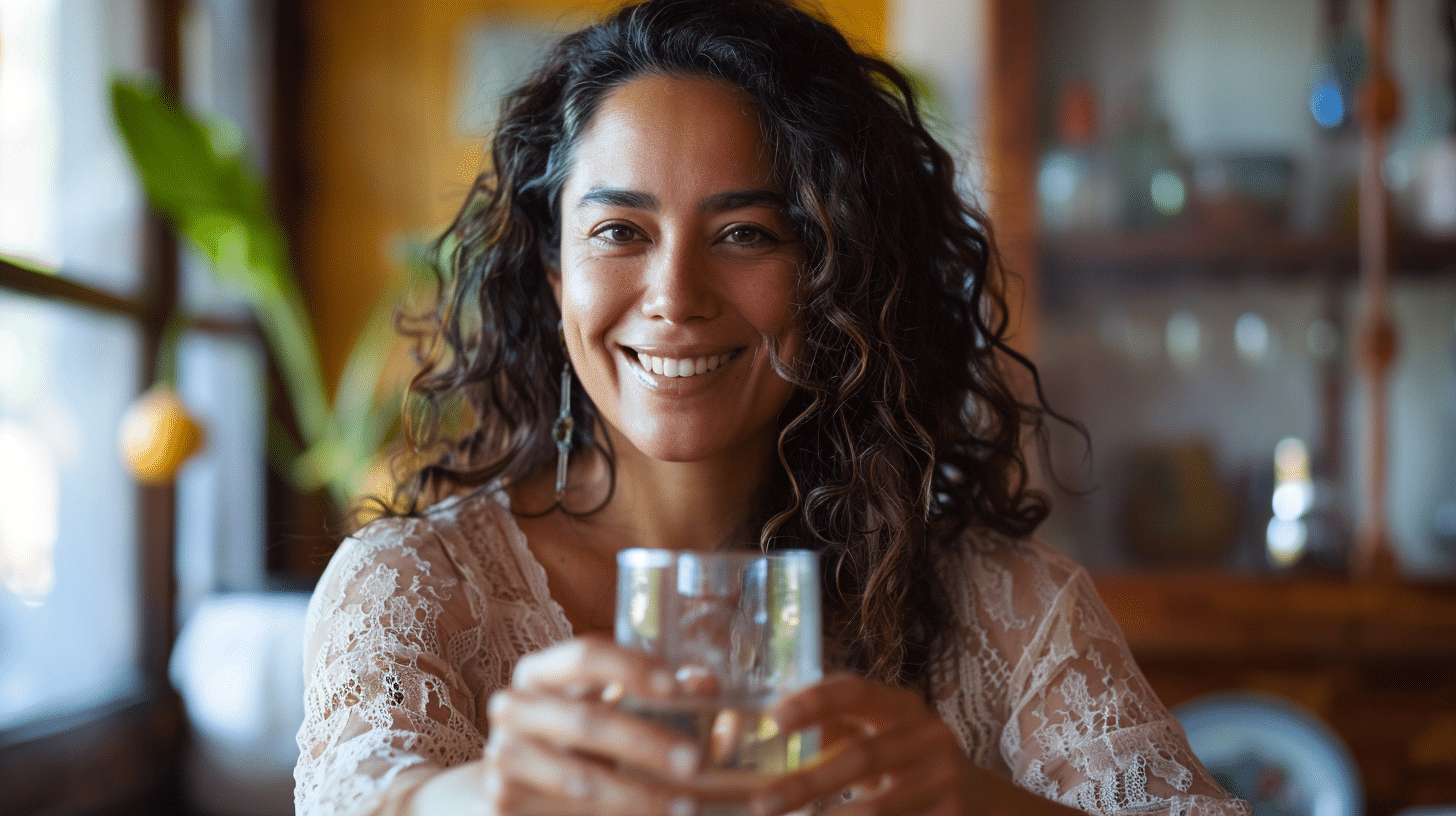 an image of a woman holding a glass of water