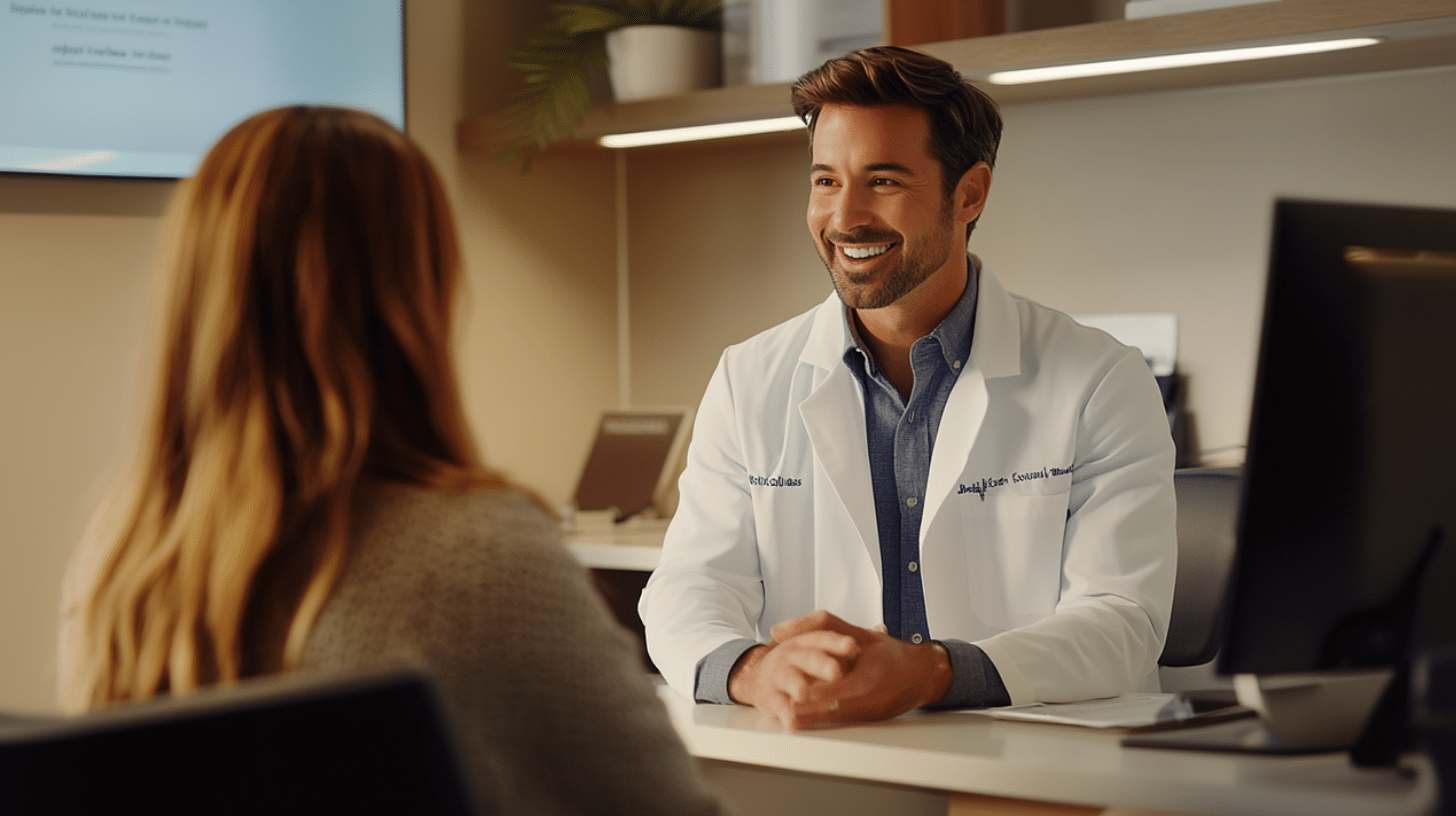 A weight loss consultant interacting with a client in a clinic.