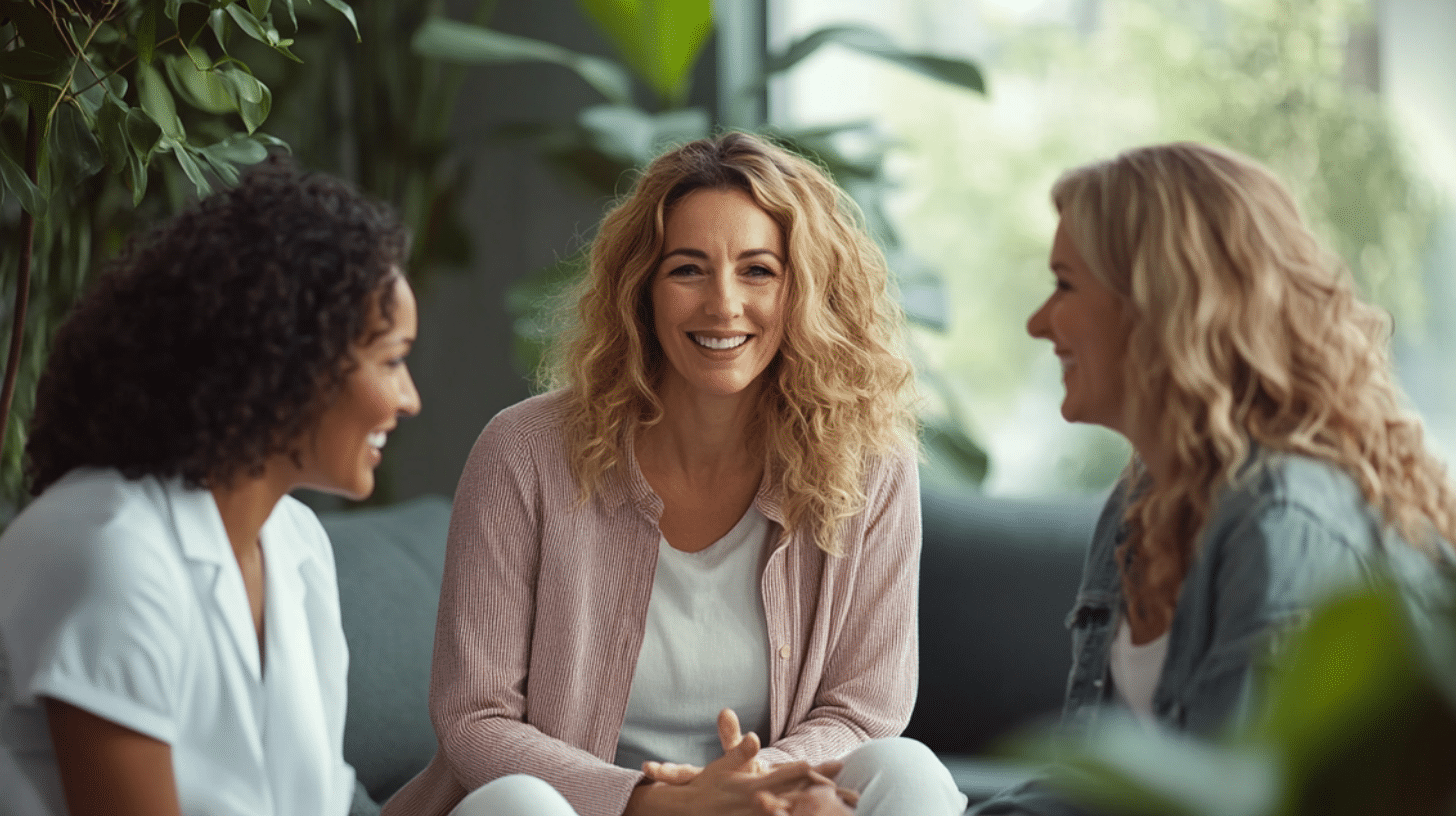 A group of patients in a weight loss clinic, engaging in a supportive conversation.