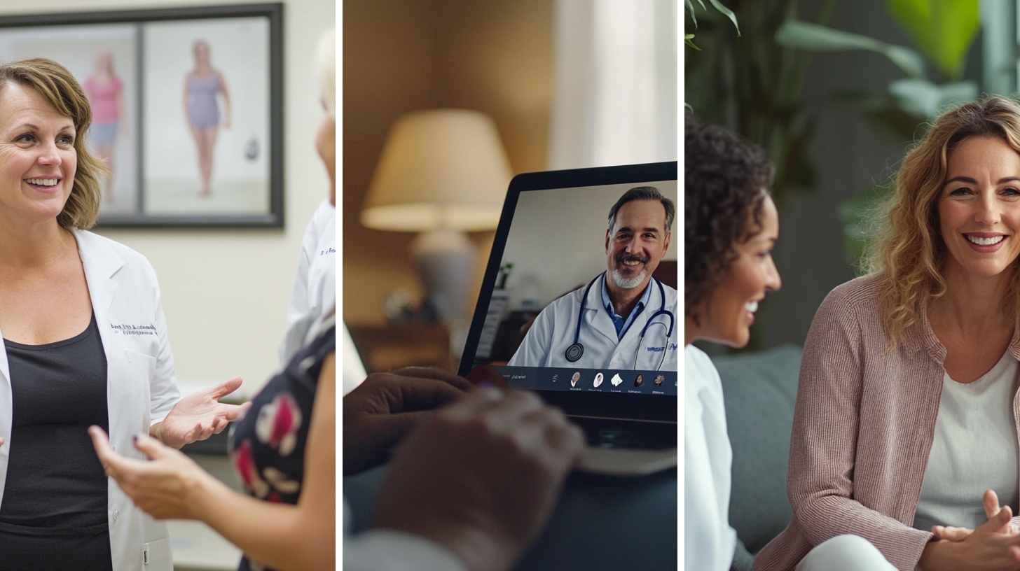 A weight loss doctor talking to her patients, a client comfortably engaging in a support meeting, and a group of patients in a weight loss clinic.