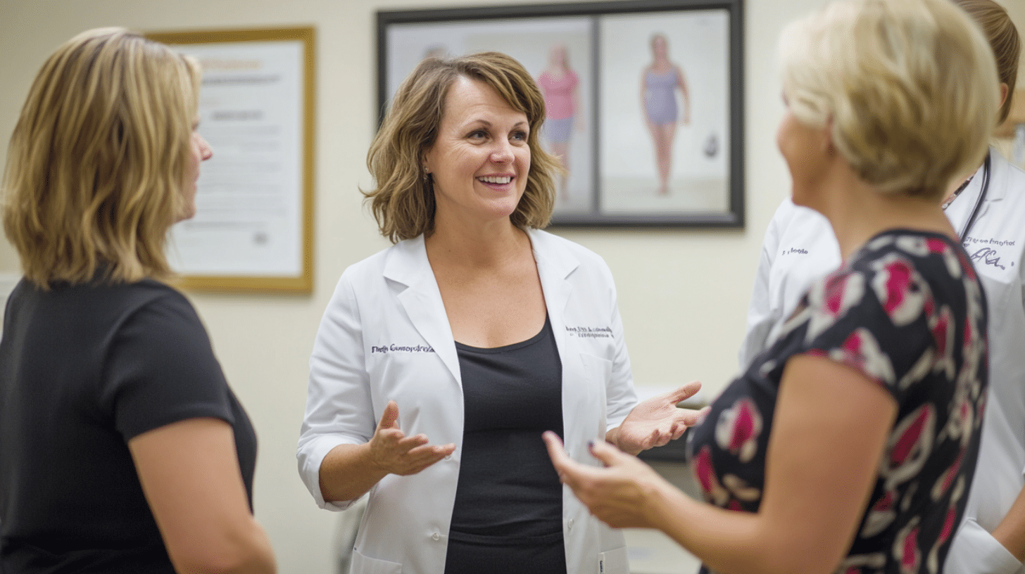 A weight loss doctor talking to her patients in a weight loss clinic, she is showing support during their weight loss journey.