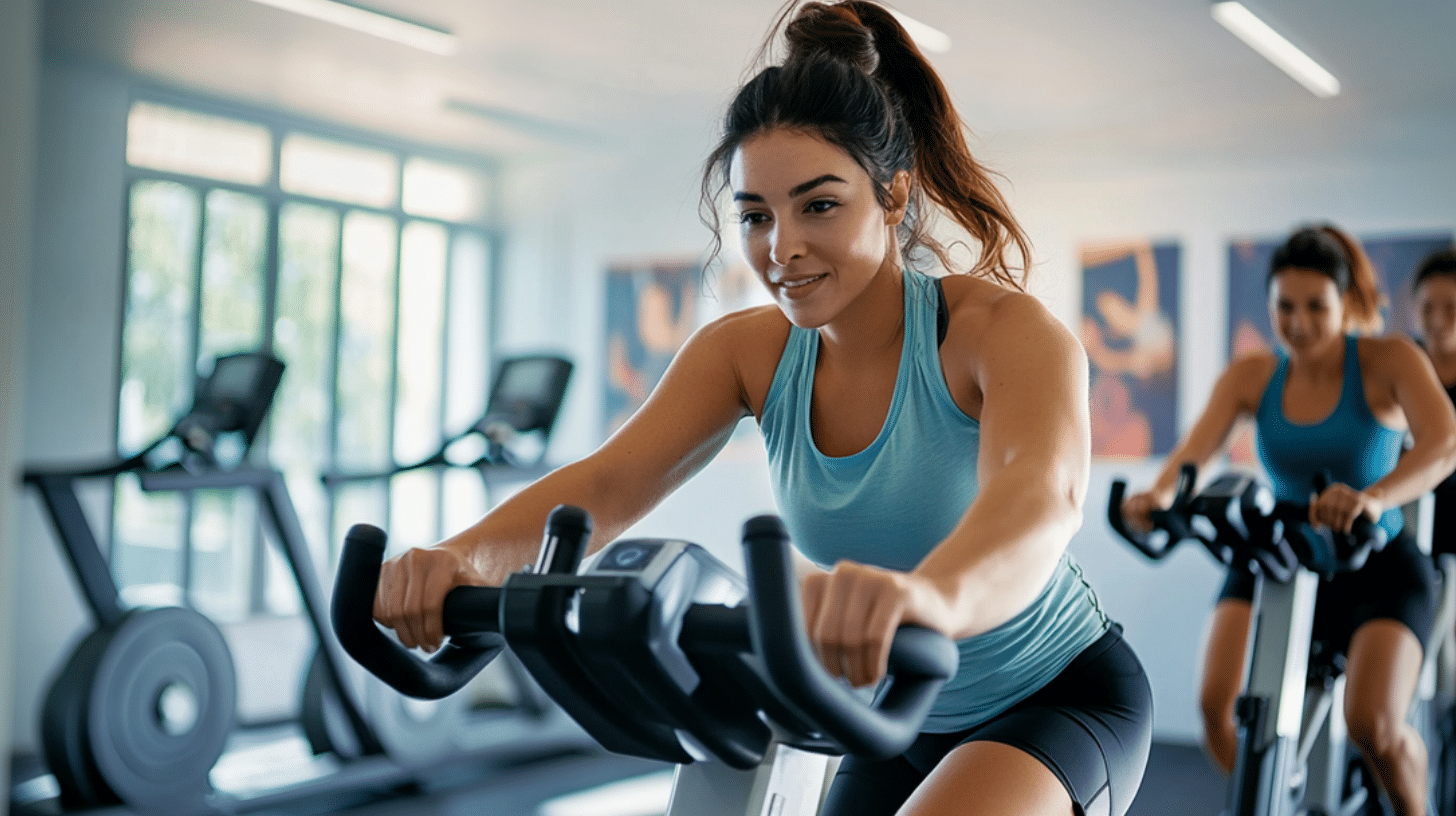 An image of a woman incorporating HIIT by riding a stationary bike in a bright, modern gym.