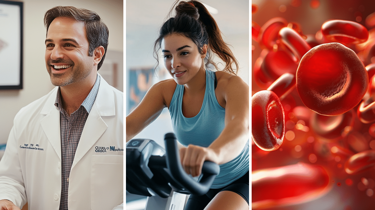 A weight loss doctor, a woman incorporating HIIT by riding a stationary bike, and a 3D scientific rendering of red blood cells in the bloodstream.