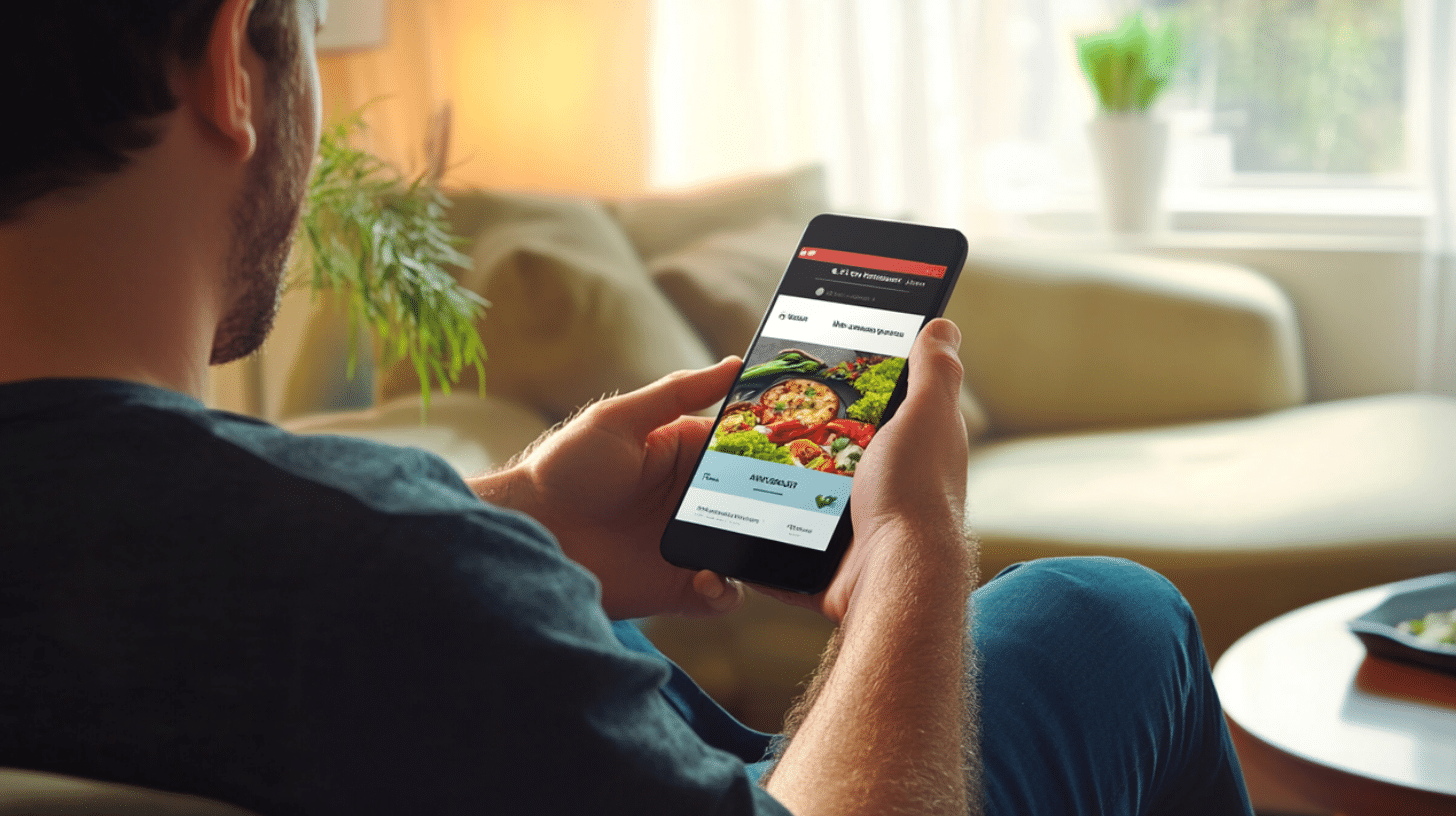 An image of a man ordering a healthy meal from a meal delivery service app.