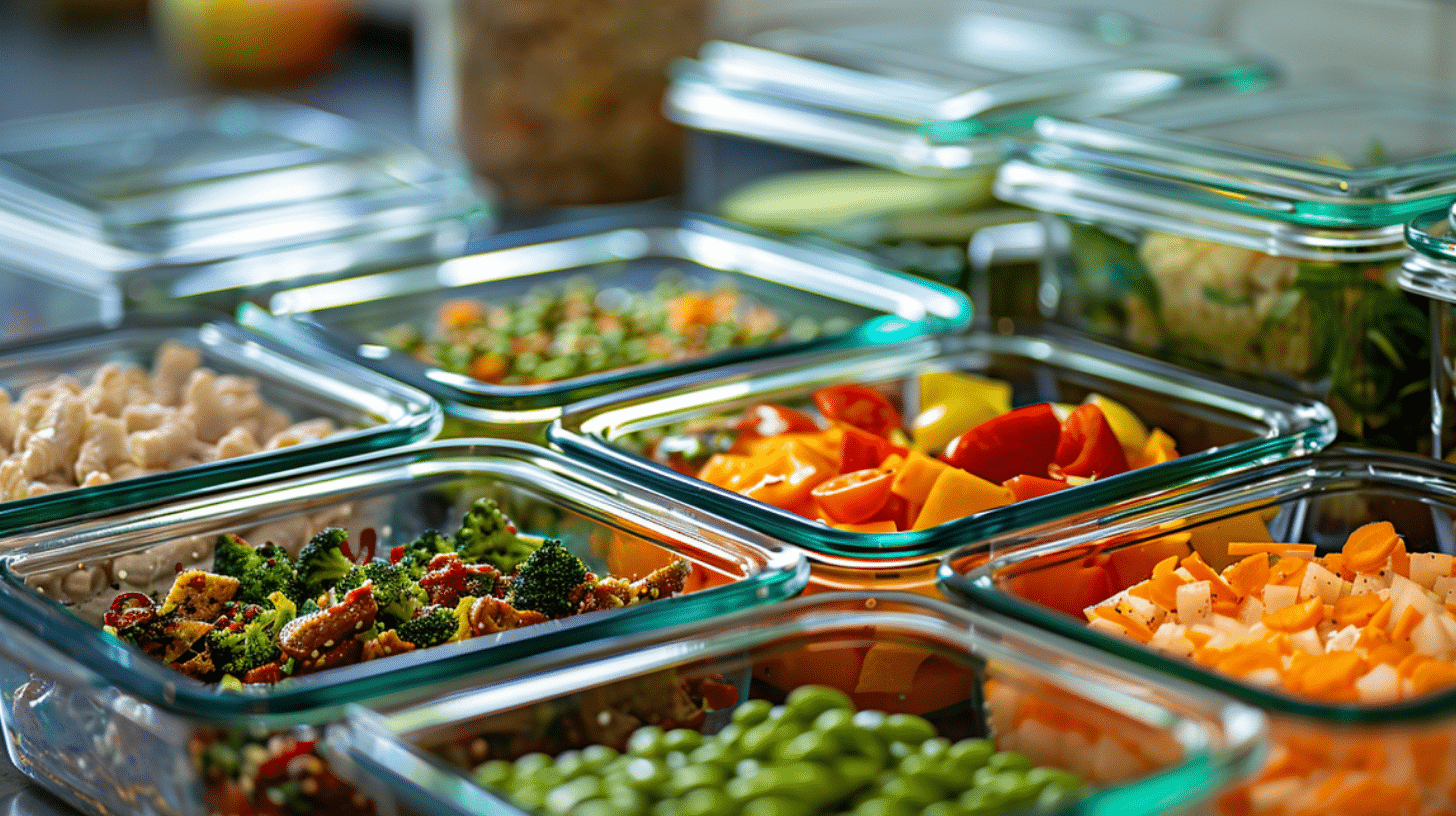 An image of healthy and delicious meals in various glass containers, demonstrating meal preparation and planning.