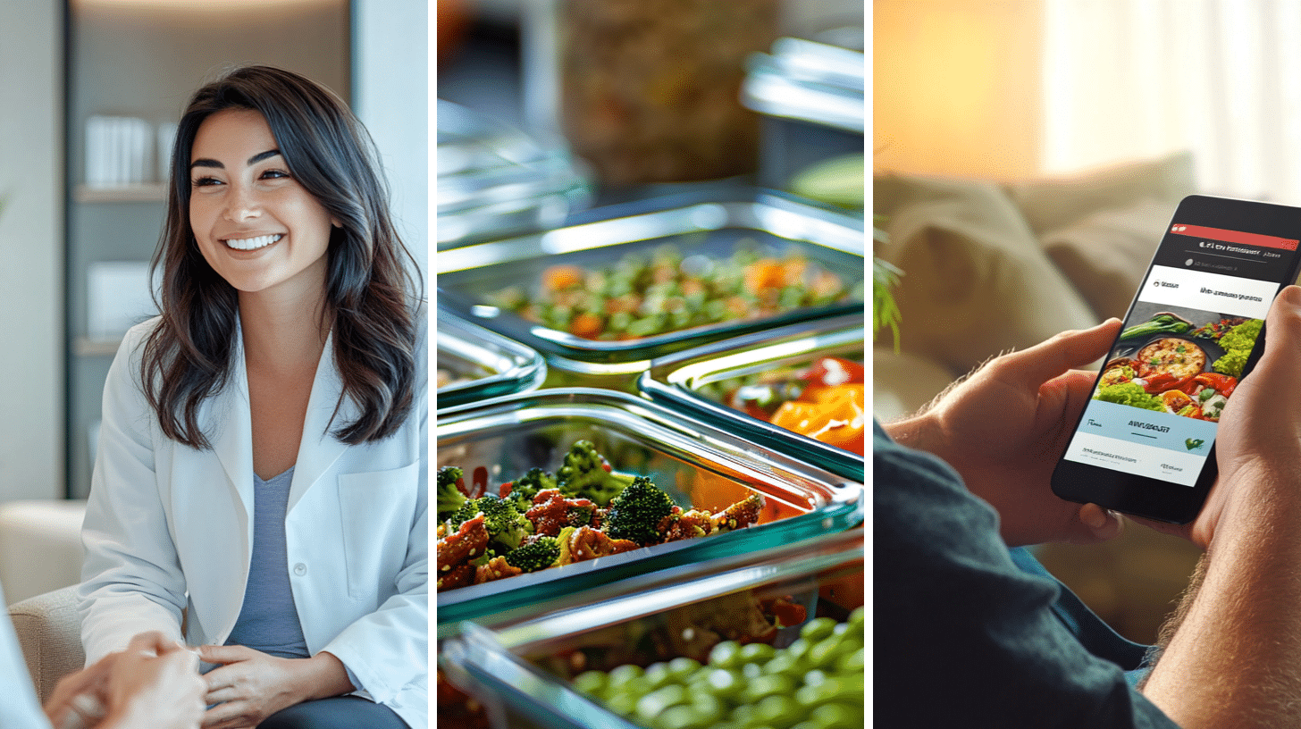 A dietitian discussing the benefits of pre-portioned meals to her client, a healthy and delicious meals in various glass containers, and a man ordering a healthy meal from a meal delivery service app.