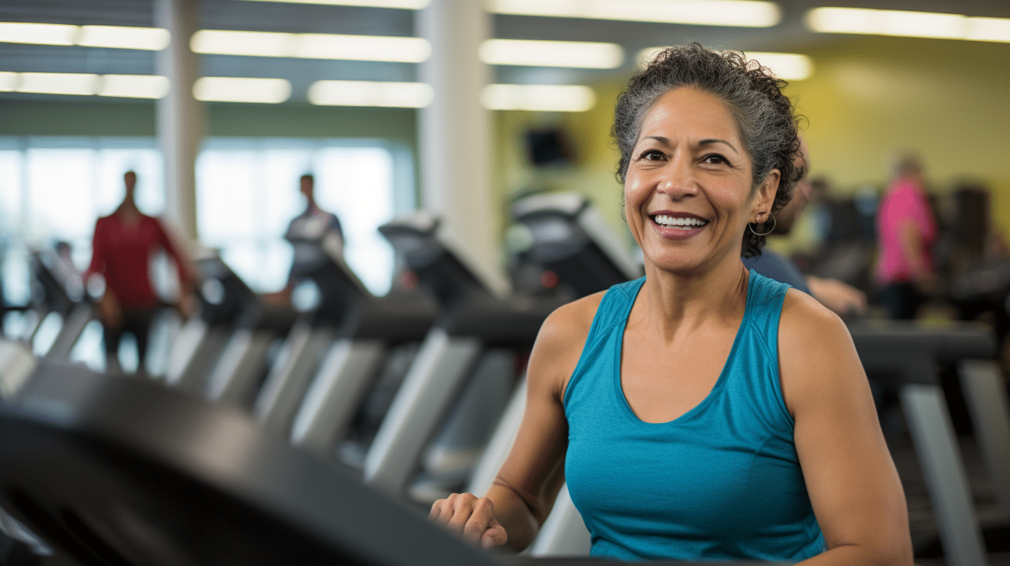 A woman in her 50's doing some exercises inside the gym.