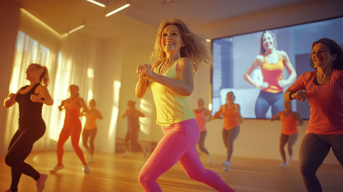 A vibrant dance studio filled with a group of cheerful women in their 60s engaging in Zumba exercises. They are gathered in front of a large TV screen displaying a Zumba instructor leading the dance.